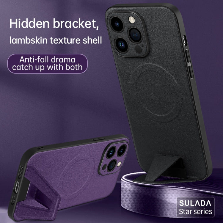 For iPhone 13 SULADA Folding Holder Lambskin Texture MagSafe Phone Case(Black) - iPhone 13 Cases by SULADA | Online Shopping UK | buy2fix