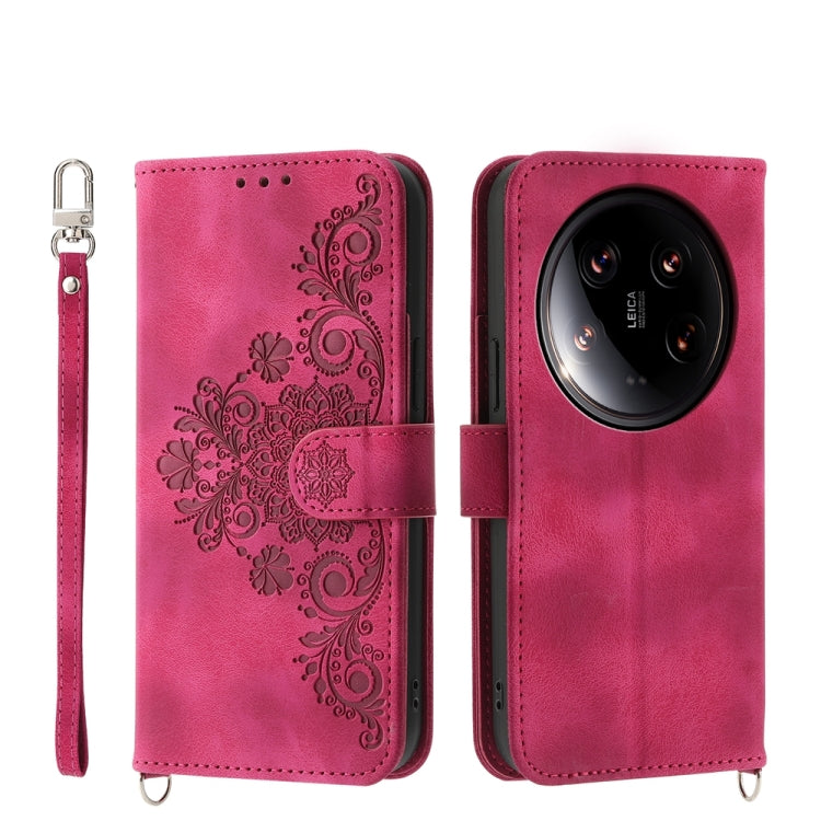 For Xiaomi 14 Ultra Skin-feel Flowers Embossed Wallet Leather Phone Case(Wine Red) - 14 Ultra Cases by buy2fix | Online Shopping UK | buy2fix