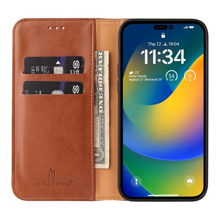 For iPhone 15 Pro Max Fierre Shann PU Genuine Leather Texture Phone Case(Brown) - iPhone 15 Pro Max Cases by FIERRE SHANN | Online Shopping UK | buy2fix