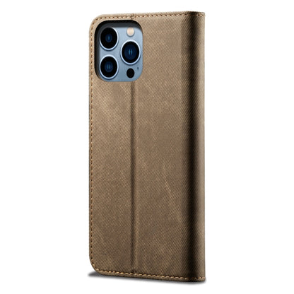 For iPhone 16 Pro Max Denim Texture Casual Style Horizontal Flip Leather Case(Khaki) - iPhone 16 Pro Max Cases by buy2fix | Online Shopping UK | buy2fix