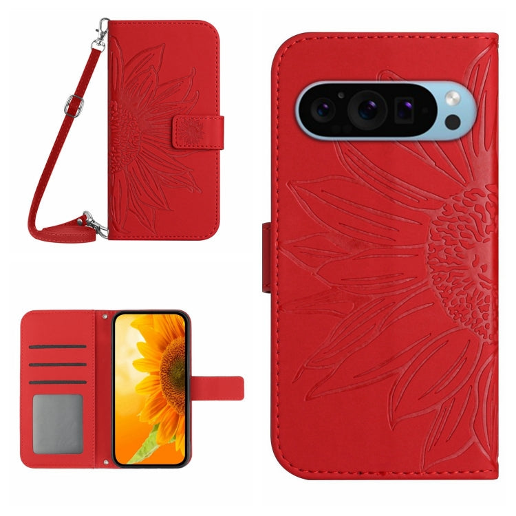 For Google Pixel 9 Skin Feel Sun Flower Embossed Flip Leather Phone Case with Lanyard(Red) - Google Cases by buy2fix | Online Shopping UK | buy2fix