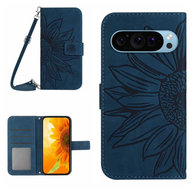 For Google Pixel 9 Skin Feel Sun Flower Embossed Flip Leather Phone Case with Lanyard(Inky Blue) - Google Cases by buy2fix | Online Shopping UK | buy2fix