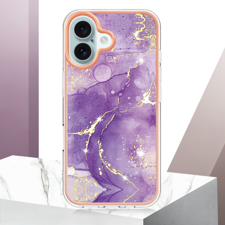 For iPhone 16 Electroplating Marble Pattern Dual-side IMD TPU Shockproof Phone Case (Purple 002) - iPhone 16 Cases by buy2fix | Online Shopping UK | buy2fix