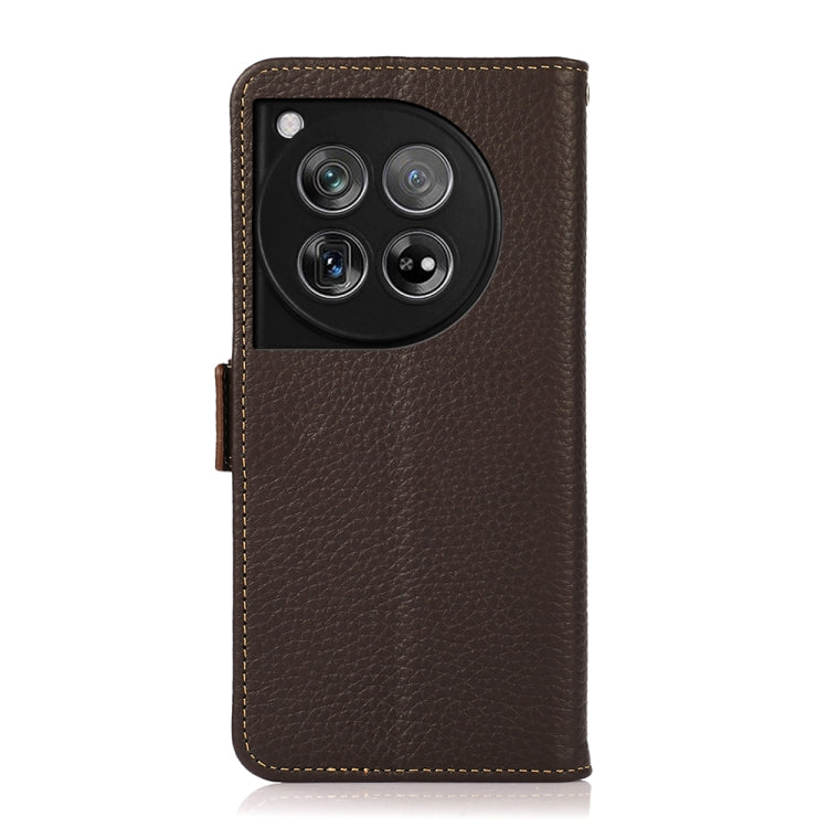 For OnePlus 12 KHAZNEH Side-Magnetic Litchi Genuine Leather RFID Phone Case(Brown) - OnePlus Cases by buy2fix | Online Shopping UK | buy2fix