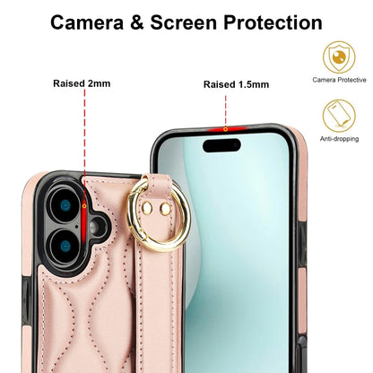 For iPhone 16 Plus Non-slip Full Coverage Ring PU Phone Case with Wristband(Rose Gold) - iPhone 16 Plus Cases by buy2fix | Online Shopping UK | buy2fix