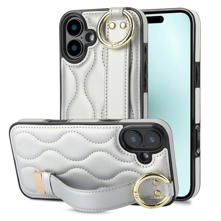 For iPhone 16 Plus Non-slip Full Coverage Ring PU Phone Case with Wristband(Silver) - iPhone 16 Plus Cases by buy2fix | Online Shopping UK | buy2fix