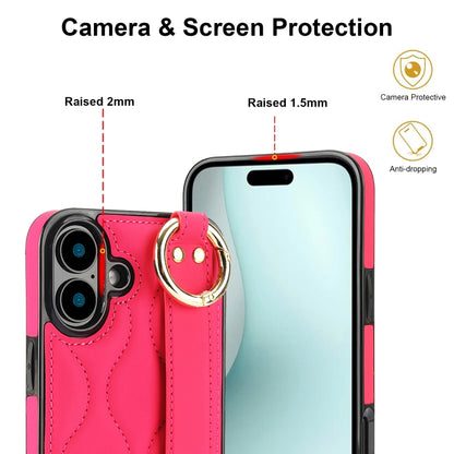 For iPhone 16 Non-slip Full Coverage Ring PU Phone Case with Wristband(Rose Red) - iPhone 16 Cases by buy2fix | Online Shopping UK | buy2fix