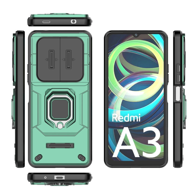 For Xiaomi Redmi A3 4G Global Sliding Camshield TPU + PC Shockproof Phone Case with Holder(Green) - Xiaomi Cases by buy2fix | Online Shopping UK | buy2fix