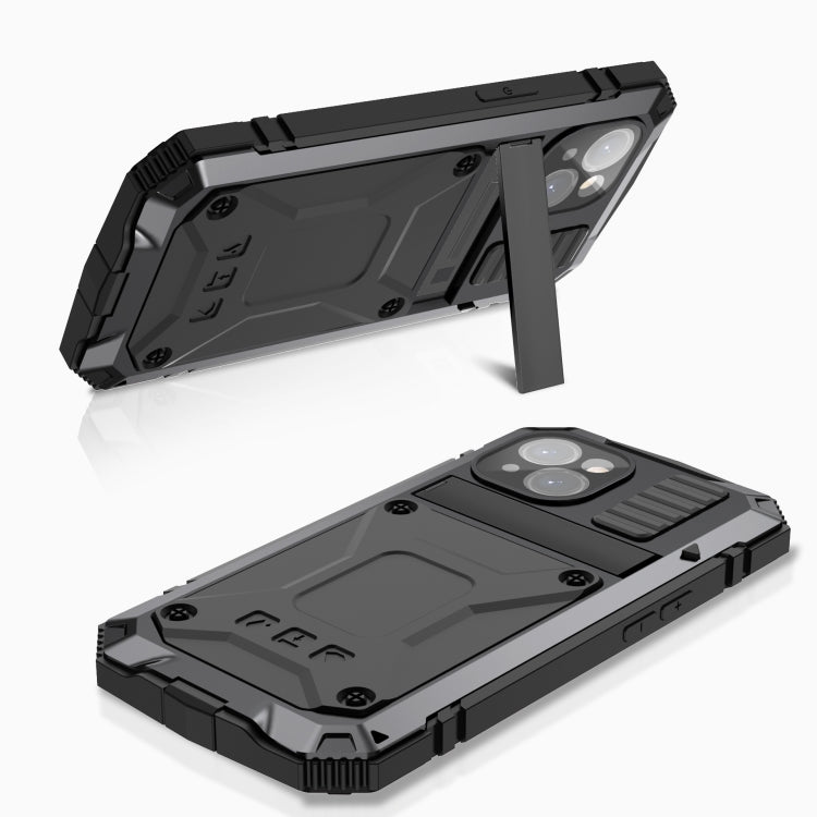 For iPhone 15 R-JUST Shockproof Life Waterproof Dust-proof Metal + Silicone Phone Case with Holder(Black) - iPhone 15 Cases by R-JUST | Online Shopping UK | buy2fix