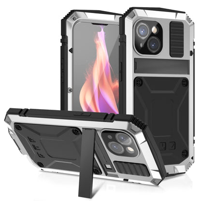 For iPhone 15 R-JUST Shockproof Life Waterproof Dust-proof Metal + Silicone Phone Case with Holder(Silver) - iPhone 15 Cases by R-JUST | Online Shopping UK | buy2fix