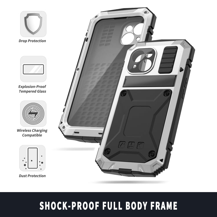 For iPhone 15 R-JUST Shockproof Life Waterproof Dust-proof Metal + Silicone Phone Case with Holder(Silver) - iPhone 15 Cases by R-JUST | Online Shopping UK | buy2fix