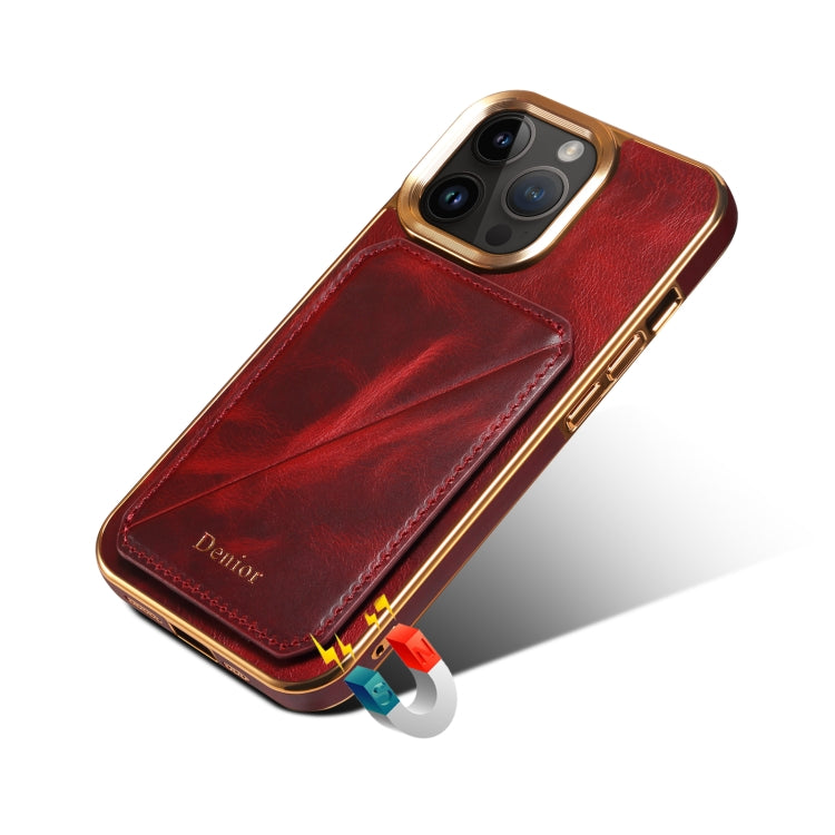 For iPhone 15 Pro Max Denior Oil Wax Leather Electroplating Card Slot Holder Phone Case(Red) - iPhone 15 Pro Max Cases by Denior | Online Shopping UK | buy2fix