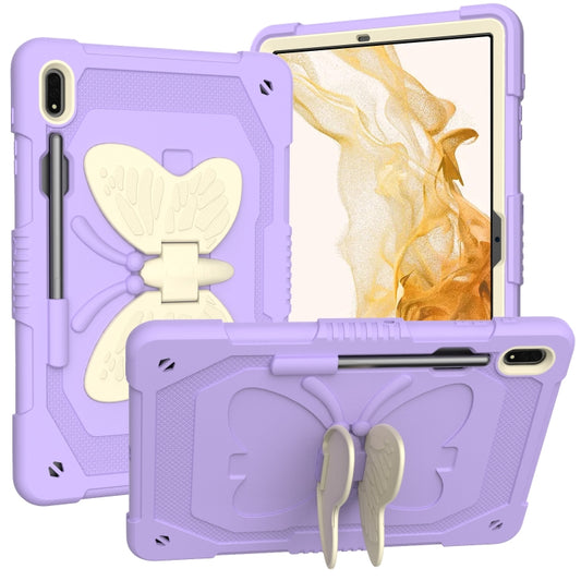 For Samsung Galaxy Tab S9 Butterfly Kickstand Heavy Duty Hard Rugged Tablet Case(Beige+Raro Purple) - Galaxy Tab S9 Cases by buy2fix | Online Shopping UK | buy2fix