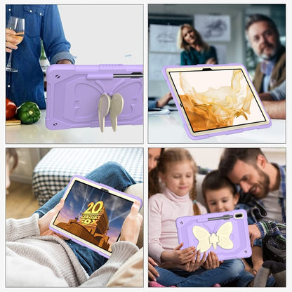 For Samsung Galaxy Tab S9 Butterfly Kickstand Heavy Duty Hard Rugged Tablet Case(Beige+Raro Purple) - Galaxy Tab S9 Cases by buy2fix | Online Shopping UK | buy2fix