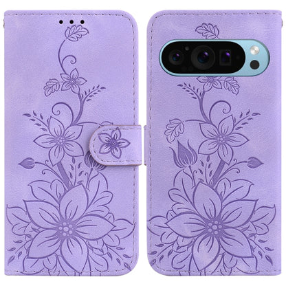 For Google Pixel 9 Pro Lily Embossed Leather Phone Case(Purple) - Google Cases by buy2fix | Online Shopping UK | buy2fix