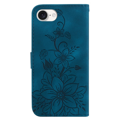 For iPhone 16e Lily Embossed Leather Phone Case(Dark Blue) - iPhone 16e Cases by buy2fix | Online Shopping UK | buy2fix