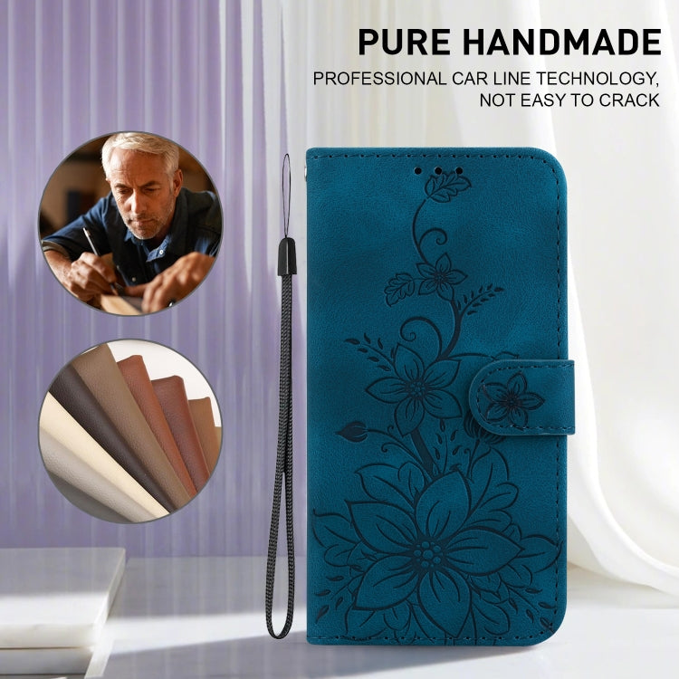 For iPhone 16e Lily Embossed Leather Phone Case(Dark Blue) - iPhone 16e Cases by buy2fix | Online Shopping UK | buy2fix