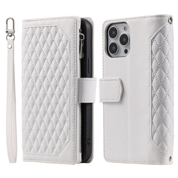 For iPhone 16 Pro Grid Texture Zipper Leather Phone Case with Lanyard(White) - iPhone 16 Pro Cases by buy2fix | Online Shopping UK | buy2fix