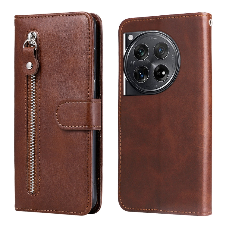 For OnePlus 12 Fashion Calf Texture Zipper Leather Phone Case(Brown) - OnePlus Cases by buy2fix | Online Shopping UK | buy2fix