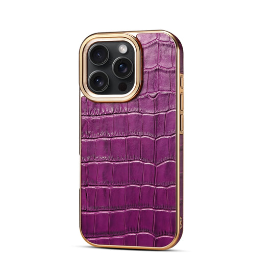 For iPhone 16 Pro Max Denior Crocodile Texture Genuine Leather Electroplating Phone Case(Purple) - More iPhone Cases by Denior | Online Shopping UK | buy2fix