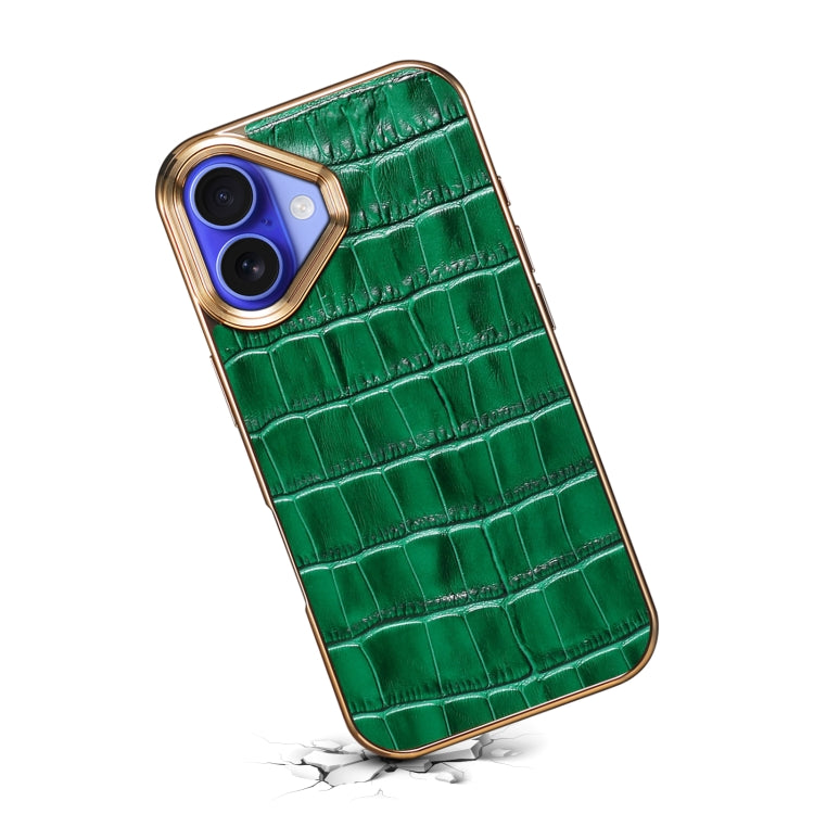 For iPhone 16 Plus Denior Crocodile Texture Genuine Leather Electroplating Phone Case(Green) - More iPhone Cases by Denior | Online Shopping UK | buy2fix