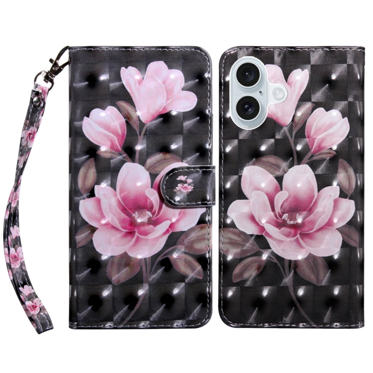 For iPhone 16 3D Painted Leather Phone Case(Pink Flower) - iPhone 16 Cases by buy2fix | Online Shopping UK | buy2fix