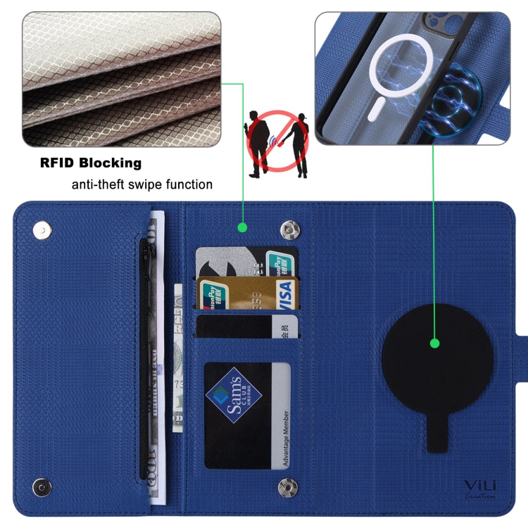 For iPhone 13 Pro Max ViLi GHB Series MagSafe Magnetic Zipper Leather Phone Case(Blue) - iPhone 13 Pro Max Cases by ViLi | Online Shopping UK | buy2fix