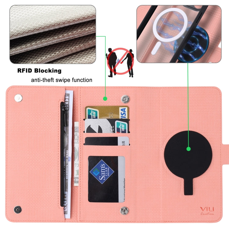 For iPhone 13 Pro ViLi GHB Series MagSafe Magnetic Zipper Leather Phone Case(Pink) - iPhone 13 Pro Cases by ViLi | Online Shopping UK | buy2fix