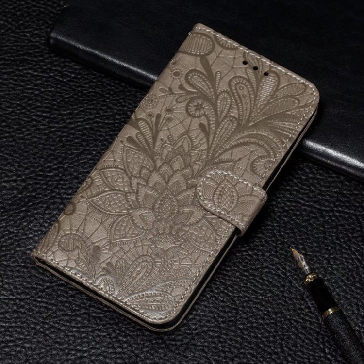 For iPhone 16 Plus Lace Flower Embossing Flip Leather Phone Case(Grey) - iPhone 16 Plus Cases by buy2fix | Online Shopping UK | buy2fix