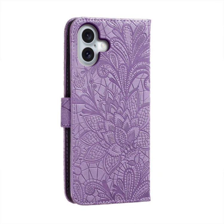 For iPhone 16 Plus Lace Flower Embossing Flip Leather Phone Case(Purple) - iPhone 16 Plus Cases by buy2fix | Online Shopping UK | buy2fix