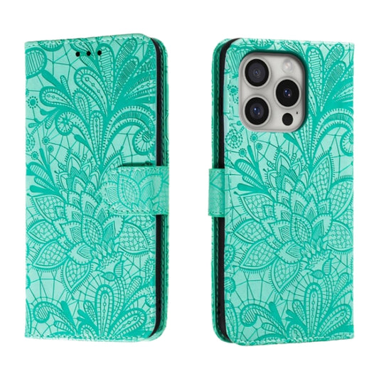 For iPhone 16 Pro Lace Flower Embossing Flip Leather Phone Case(Green) - iPhone 16 Pro Cases by buy2fix | Online Shopping UK | buy2fix