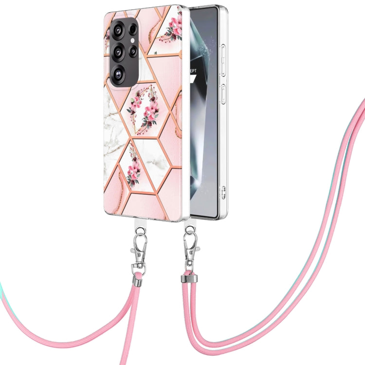 For Samsung Galaxy S25 Ultra 5G Electroplating Splicing Marble Flower IMD TPU Phone Case with Lanyard(Pink Flower) - Galaxy S25 Ultra 5G Cases by buy2fix | Online Shopping UK | buy2fix