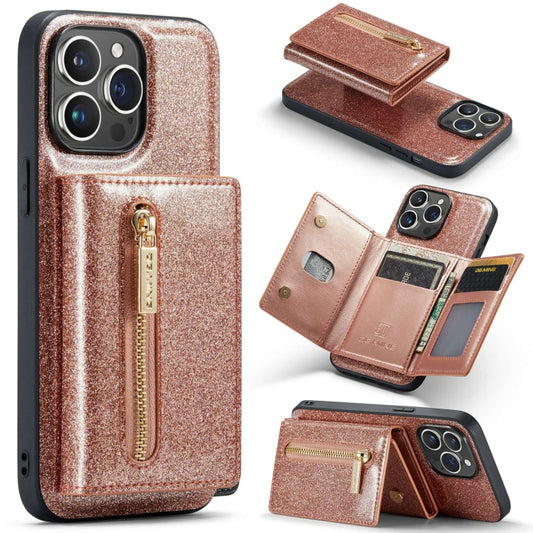 For iPhone 15 Pro Max DG.MING M3 Series Glitter Powder Card Bag Leather Phone Case(Rose Gold) - iPhone 15 Pro Max Cases by DG.MING | Online Shopping UK | buy2fix