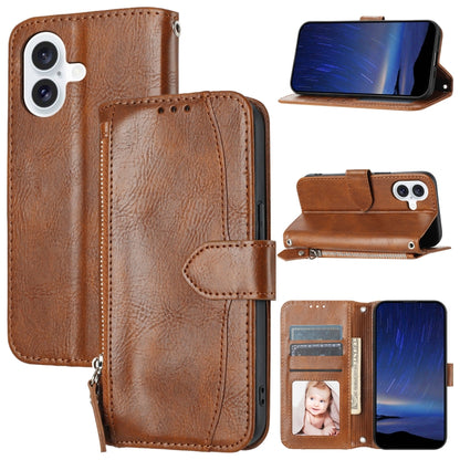 For iPhone 16 Oil Skin Zipper Wallet Leather Phone Case(Brown) - iPhone 16 Cases by buy2fix | Online Shopping UK | buy2fix