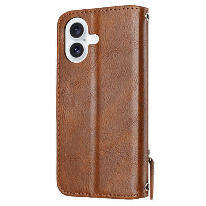 For iPhone 16 Oil Skin Zipper Wallet Leather Phone Case(Brown) - iPhone 16 Cases by buy2fix | Online Shopping UK | buy2fix