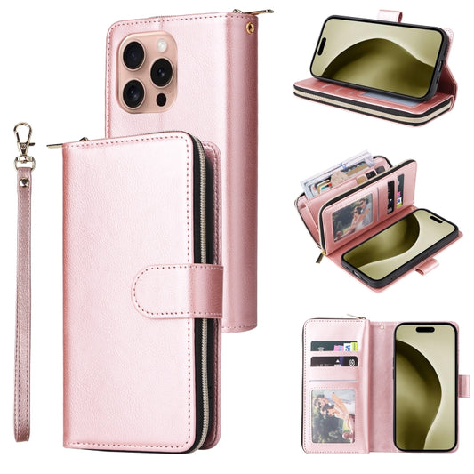 For iPhone 16 Pro 9 Card Slots Zipper Wallet Bag Leather Phone Case(Rose Gold) - iPhone 16 Pro Cases by buy2fix | Online Shopping UK | buy2fix