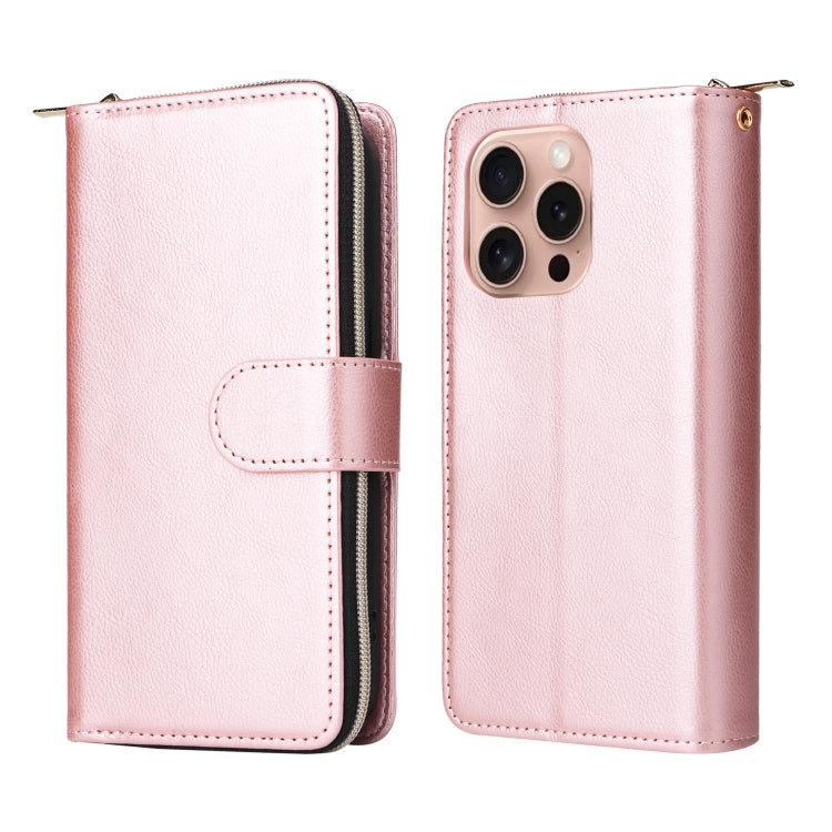 For iPhone 16 Pro 9 Card Slots Zipper Wallet Bag Leather Phone Case(Rose Gold) - iPhone 16 Pro Cases by buy2fix | Online Shopping UK | buy2fix