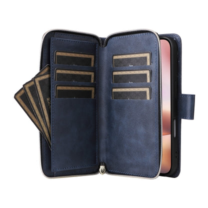 For iPhone 16 Plus 9 Card Slots Zipper Wallet Bag Leather Phone Case(Blue) - iPhone 16 Plus Cases by buy2fix | Online Shopping UK | buy2fix