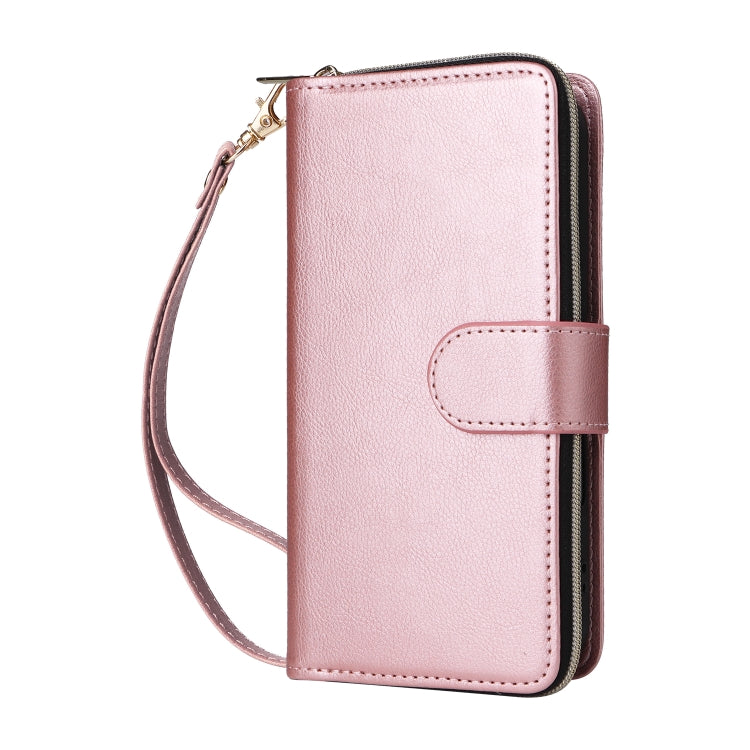 For iPhone 16 Plus 9 Card Slots Zipper Wallet Bag Leather Phone Case(Rose Gold) - iPhone 16 Plus Cases by buy2fix | Online Shopping UK | buy2fix