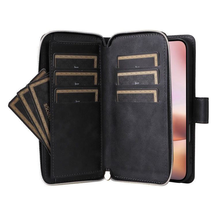 For iPhone 16 Plus 9 Card Slots Zipper Wallet Bag Leather Phone Case(Black) - iPhone 16 Plus Cases by buy2fix | Online Shopping UK | buy2fix