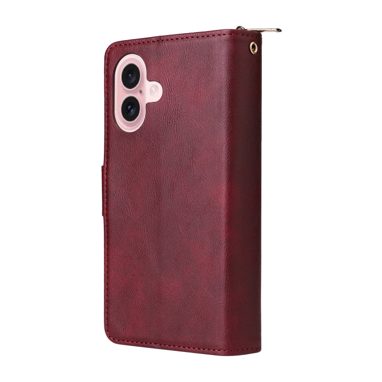 For iPhone 16 9 Card Slots Zipper Wallet Bag Leather Phone Case(Wine Red) - iPhone 16 Cases by buy2fix | Online Shopping UK | buy2fix