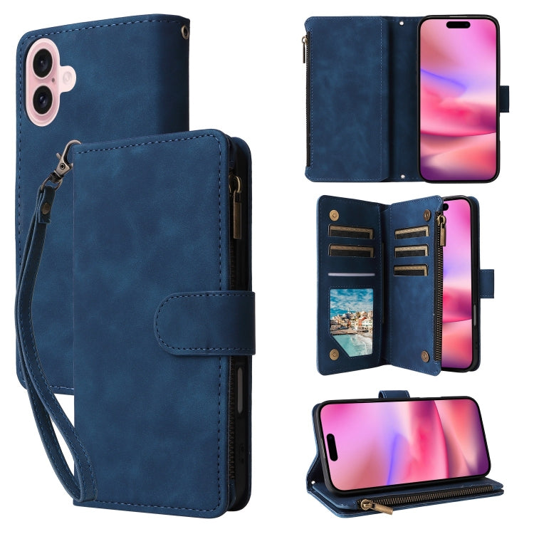 For iPhone 16 Crossbody Multi-card Slot Wallet Zipper Leather Phone Case(Dark Blue) - iPhone 16 Cases by buy2fix | Online Shopping UK | buy2fix