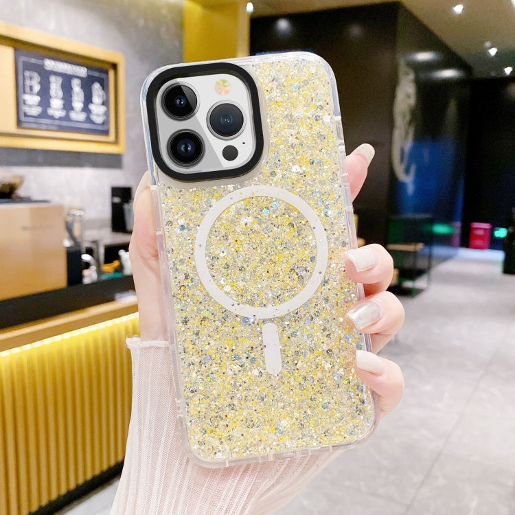 For iPhone 15 Gold Armor MagSafe Glitter Epoxy Phone Case(Yellow) - iPhone 15 Cases by buy2fix | Online Shopping UK | buy2fix