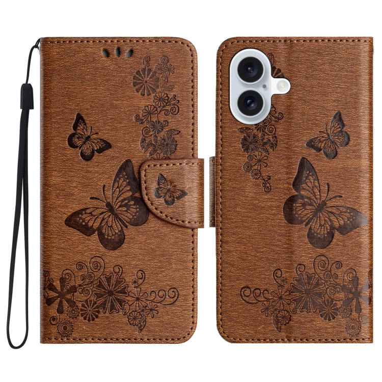 For iPhone 16 Butterfly Embossed Flip Leather Phone Case(Brown) - iPhone 16 Cases by buy2fix | Online Shopping UK | buy2fix