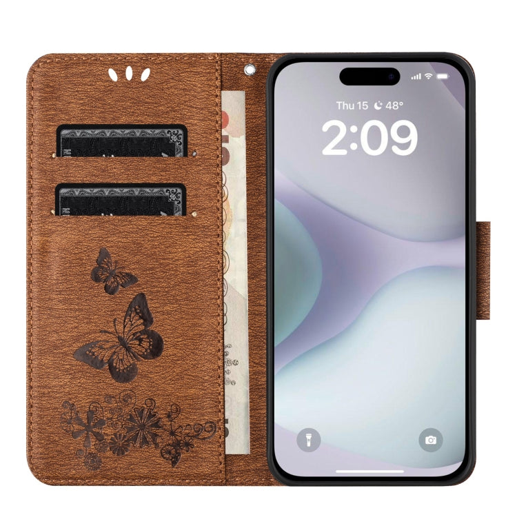 For iPhone 16 Plus Butterfly Embossed Flip Leather Phone Case(Brown) - iPhone 16 Plus Cases by buy2fix | Online Shopping UK | buy2fix