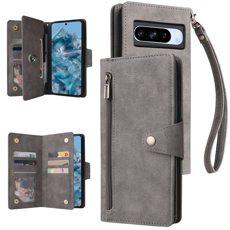 For Google Pixel 8a Rivet Buckle 9 Cards Three Fold Leather Phone Case(Grey) - Google Cases by buy2fix | Online Shopping UK | buy2fix