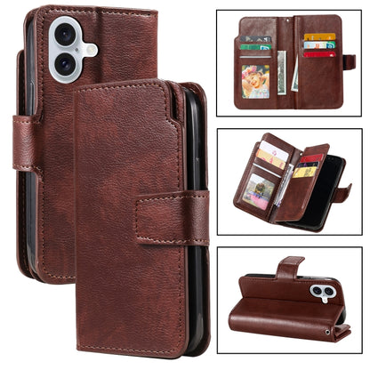 For iPhone 16 Tri-Fold 9-Card Wallets Leather Phone Case(Brown) - iPhone 16 Cases by buy2fix | Online Shopping UK | buy2fix