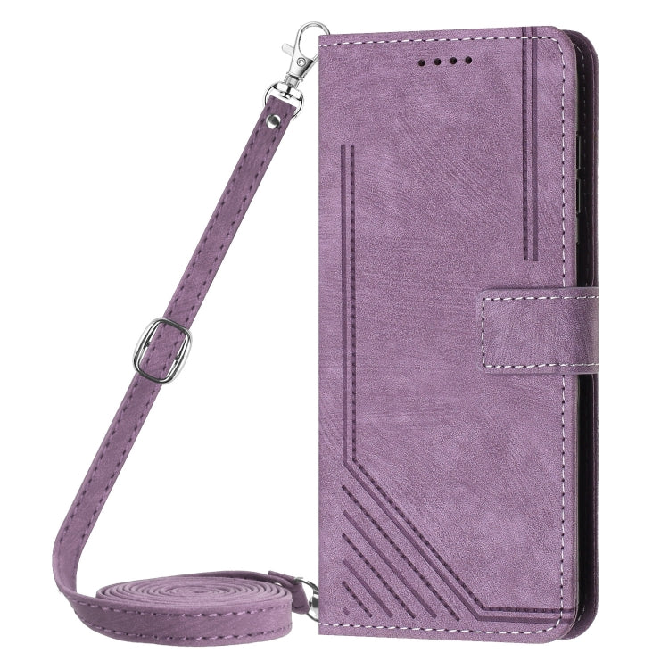 For Motorola Moto G Play 2024 Skin Feel Stripe Pattern Leather Phone Case with Lanyard(Purple) - Motorola Cases by buy2fix | Online Shopping UK | buy2fix