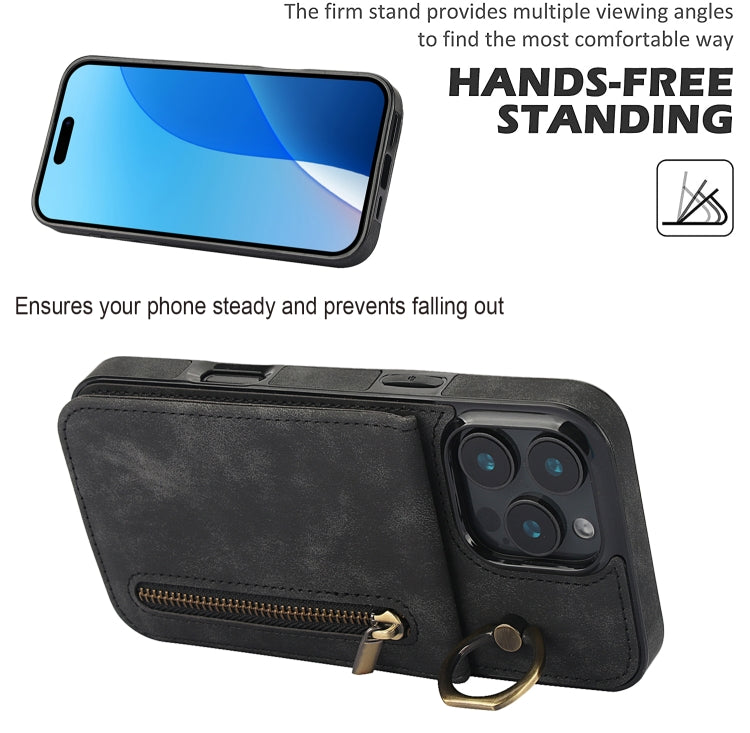 For iPhone 16 Pro Max Retro Ring and Zipper RFID Card Slot Phone Case(Black) - iPhone 16 Pro Max Cases by buy2fix | Online Shopping UK | buy2fix