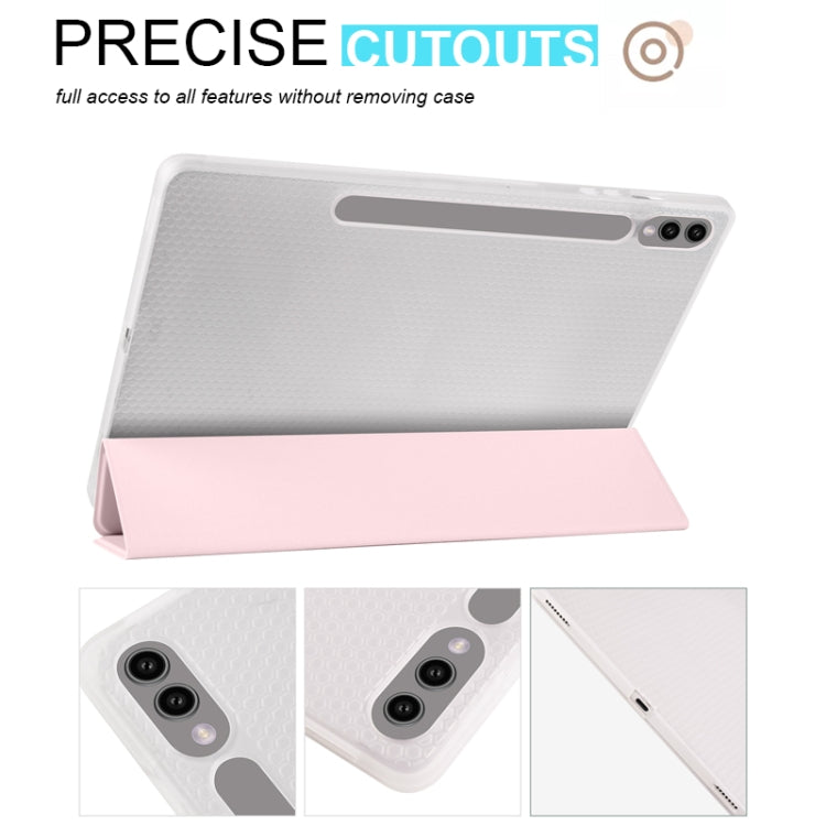 For Samsung Galaxy Tab S9+ 3-folding Transparent TPU Smart Leather Tablet Case with Pen Slot(Pink) - Galaxy Tab S9+ Cases by buy2fix | Online Shopping UK | buy2fix